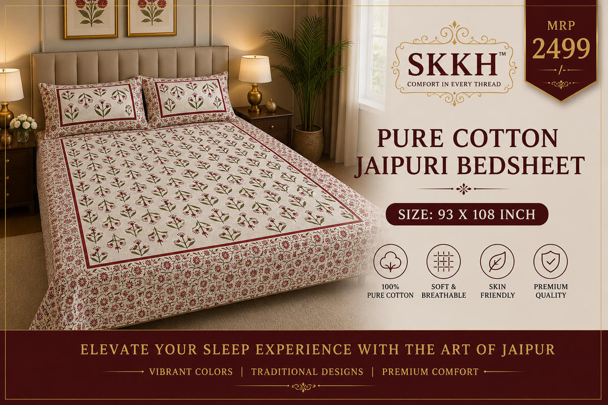 Jaypuri Cotton Double Bed Bedsheet 93x108 | Premium Traditional Print | Soft & Comfortable Fabric