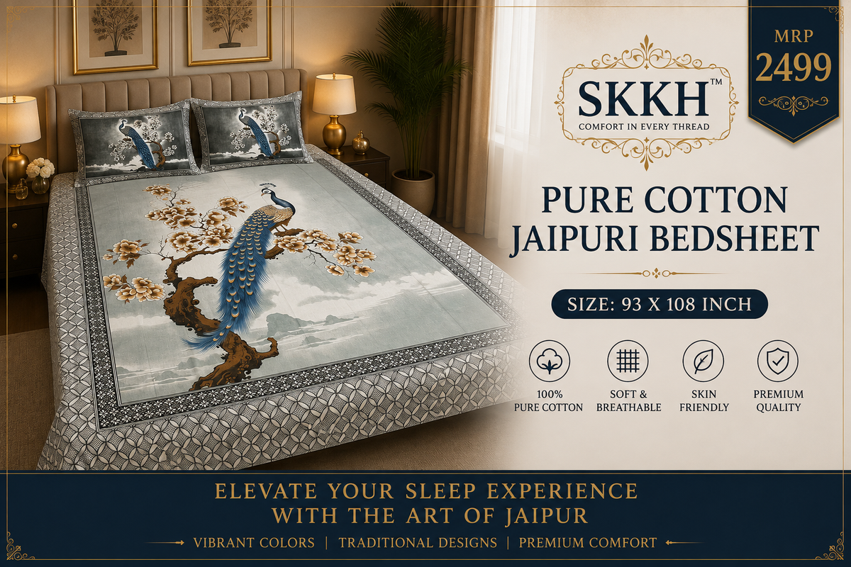 Jaypuri Cotton Double Bed Bedsheet 93x108 | Premium Traditional Print | Soft & Comfortable Fabric