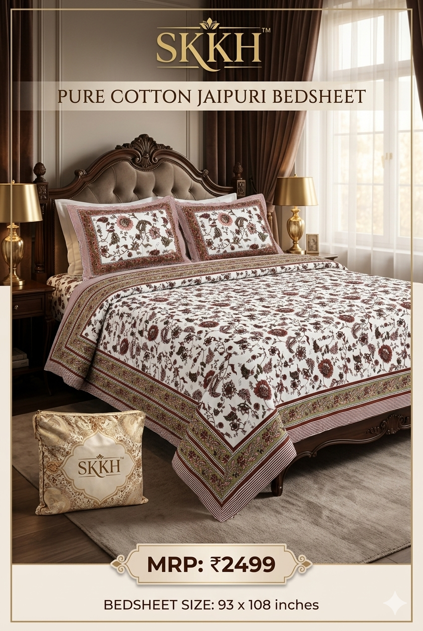 Jaypuri Cotton Double Bed Bedsheet 93x108 | Premium Traditional Print | Soft & Comfortable Fabric