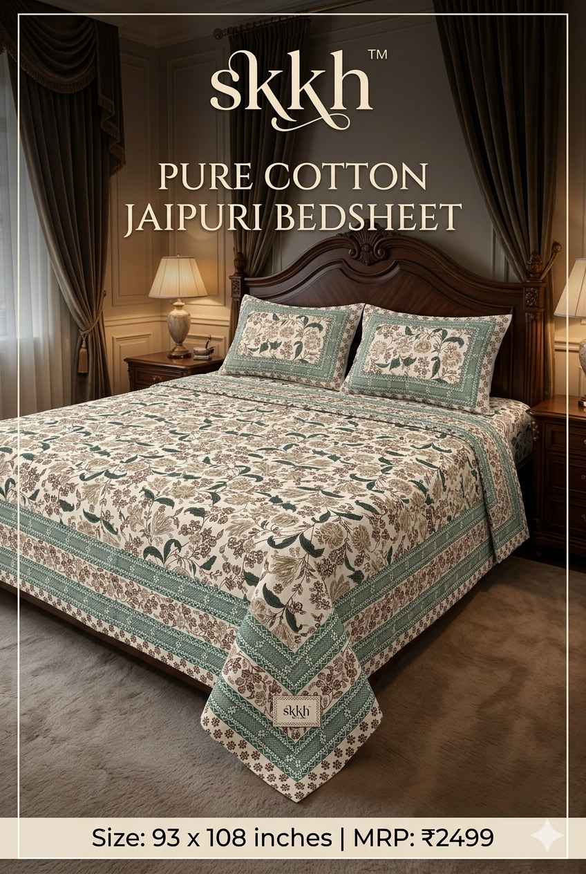 Jaypuri Cotton Double Bed Bedsheet 93x108 | Premium Traditional Print | Soft & Comfortable Fabric