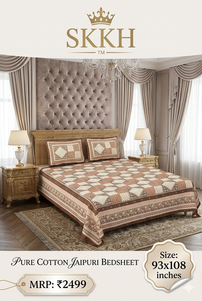 Jaypuri Cotton Double Bed Bedsheet 93x108 | Premium Traditional Print | Soft & Comfortable Fabric