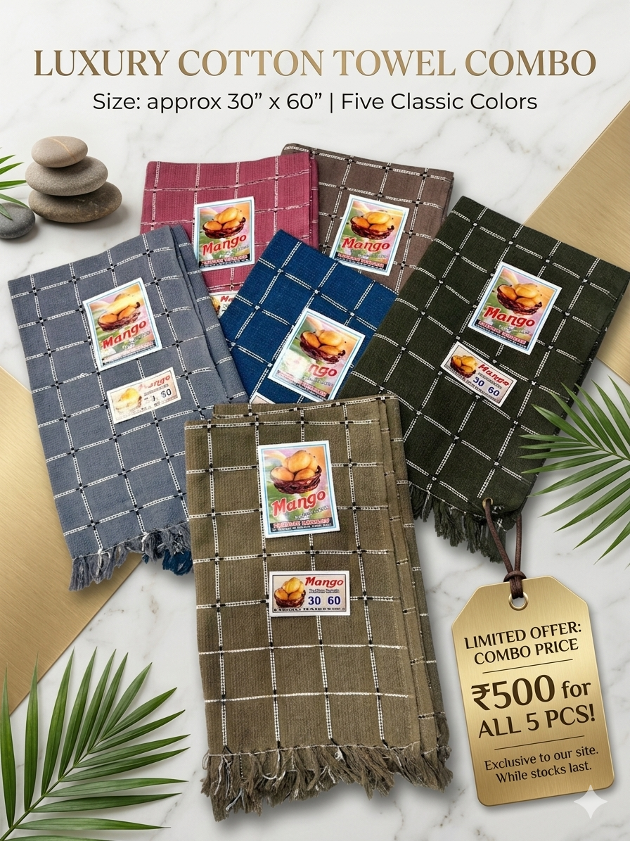 Pack of 5 Pure Cotton Bath Towels (30x60 Inch) – Super Absorbent, Soft & Value Combo