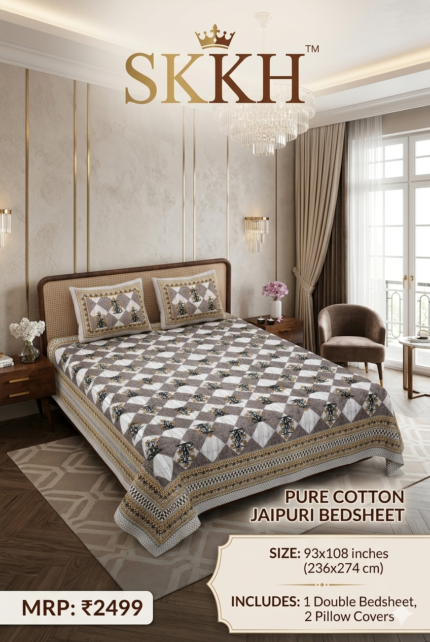 Jaypuri Cotton Double Bed Bedsheet 93x108 | Premium Traditional Print | Soft & Comfortable Fabric