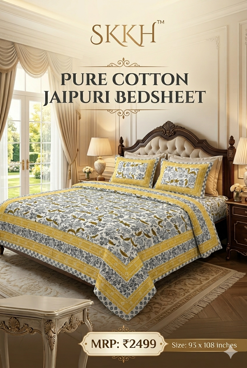 Jaypuri Cotton Double Bed Bedsheet 93x108 | Premium Traditional Print | Soft & Comfortable Fabric
