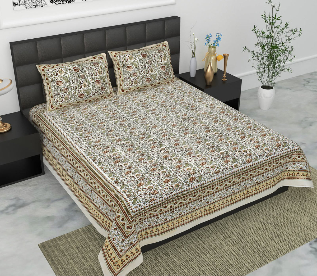 Jaypuri Cotton Double Bed Bedsheet 93x108 | Premium Traditional Print | Soft & Comfortable Fabric