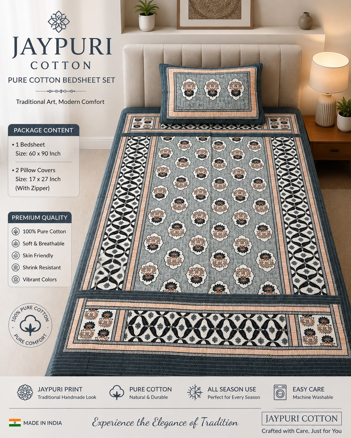 single bed 🛏️ 60×90 Inch Bedsheet | 🛌 2 Pillow Covers 17×27 Inch