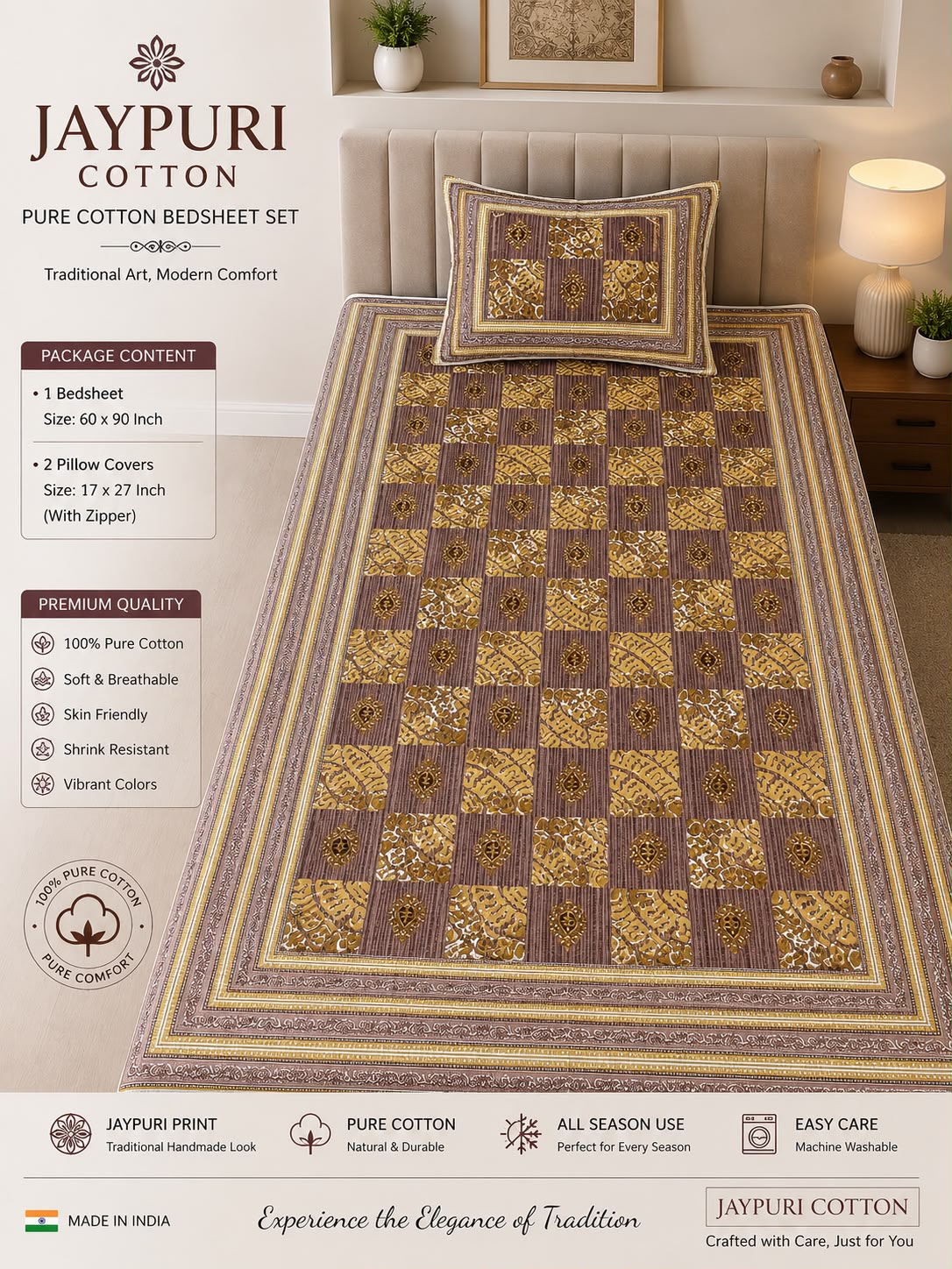single bed 🛏️ 60×90 Inch Bedsheet | 🛌 2 Pillow Covers 17×27 Inch