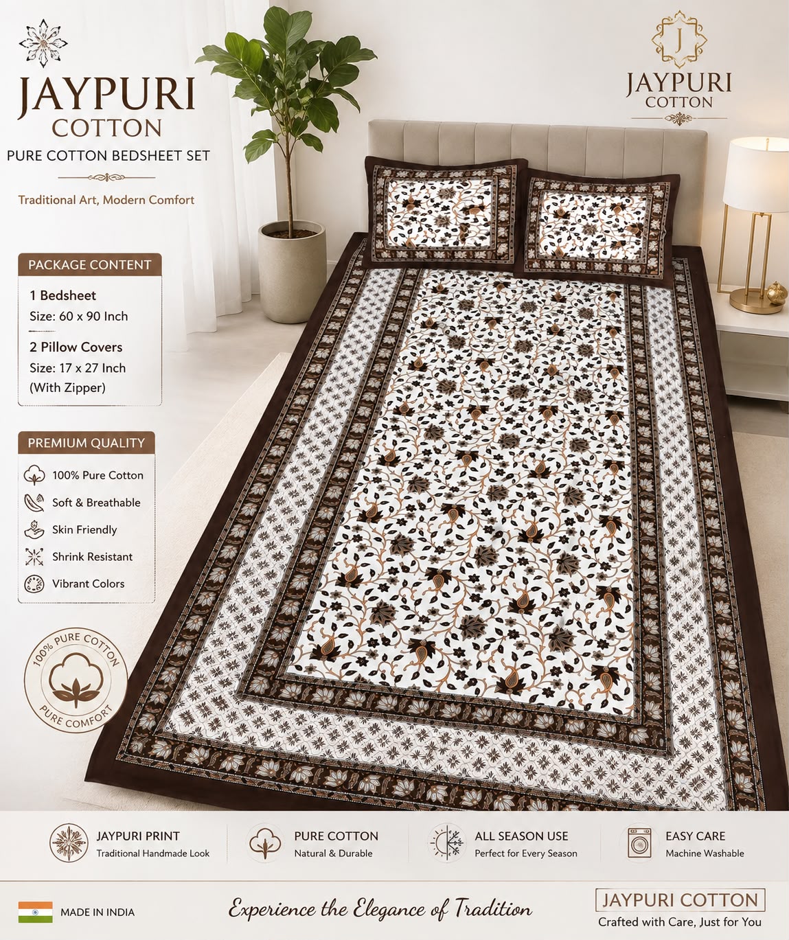 single bed 🛏️ 60×90 Inch Bedsheet | 🛌 2 Pillow Covers 17×27 Inch