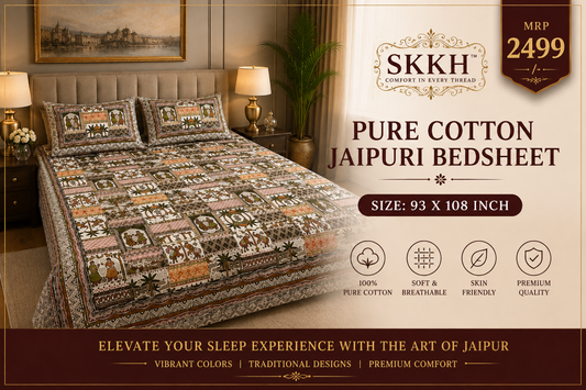 Jaypuri Cotton Double Bed Bedsheet 93x108 | Premium Traditional Print | Soft & Comfortable Fabric