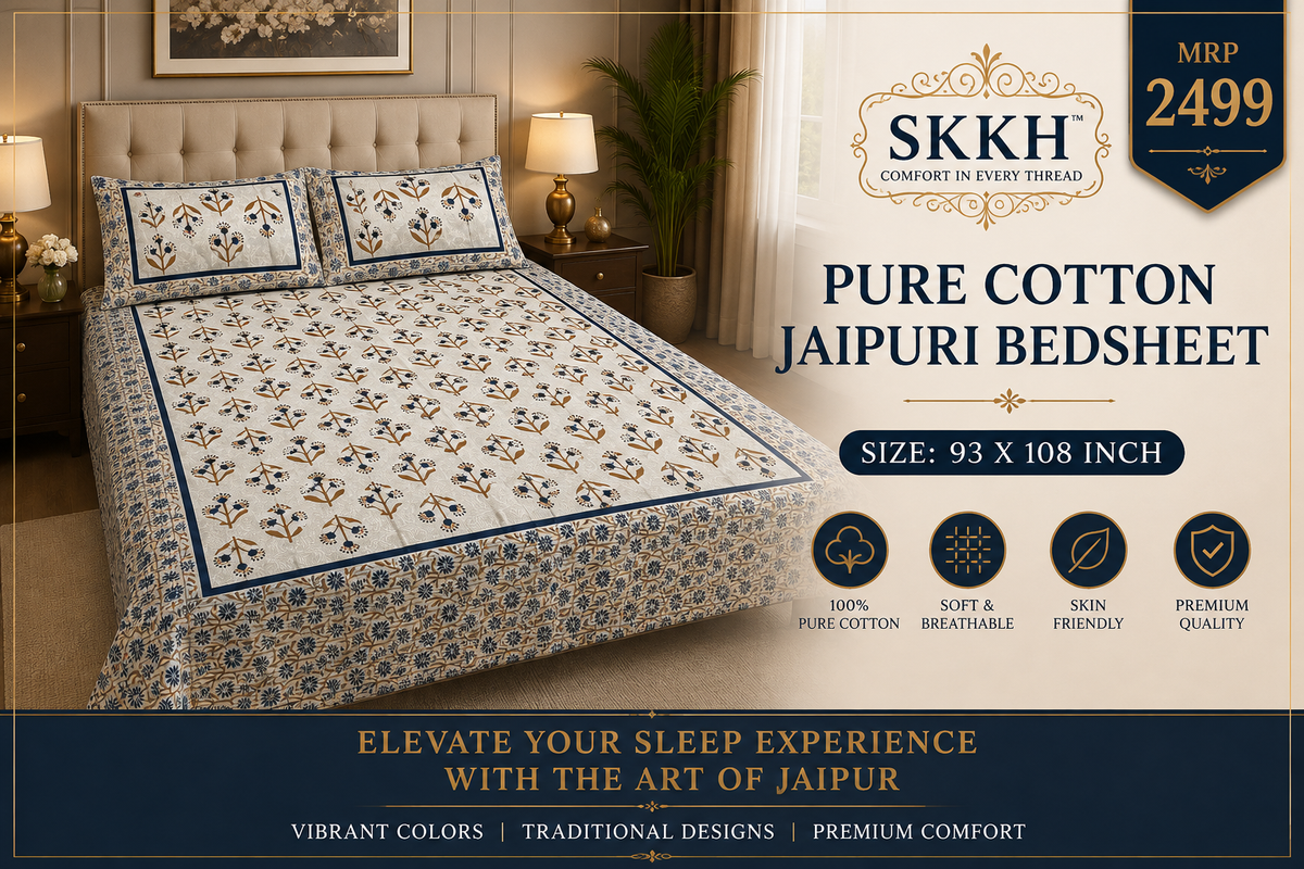 Jaypuri Cotton Double Bed Bedsheet 93x108 | Premium Traditional Print | Soft & Comfortable Fabric