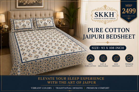 Jaypuri Cotton Double Bed Bedsheet 93x108 | Premium Traditional Print | Soft & Comfortable Fabric