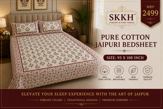 Jaypuri Cotton Double Bed Bedsheet 93x108 | Premium Traditional Print | Soft & Comfortable Fabric