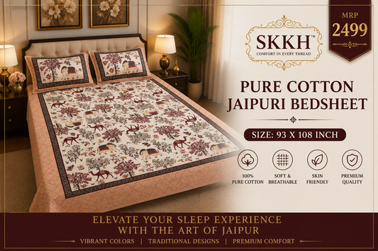 Jaypuri Cotton Double Bed Bedsheet 93x108 | Premium Traditional Print | Soft & Comfortable Fabric