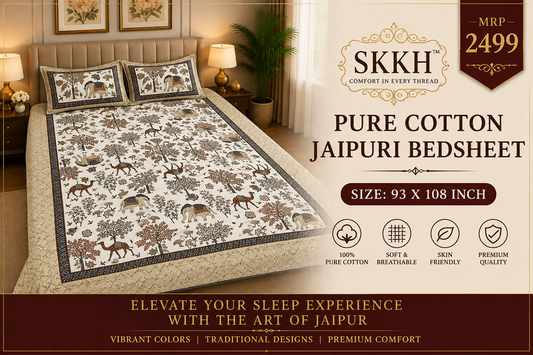 Jaypuri Cotton Double Bed Bedsheet 93x108 | Premium Traditional Print | Soft & Comfortable Fabric