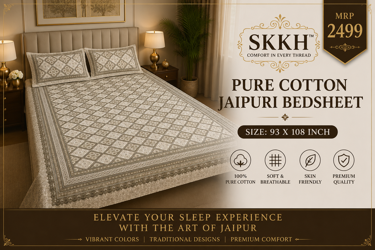 Jaypuri Cotton Double Bed Bedsheet 93x108 | Premium Traditional Print | Soft & Comfortable Fabric