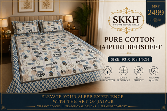 Jaypuri Cotton Double Bed Bedsheet 93x108 | Premium Traditional Print | Soft & Comfortable Fabric