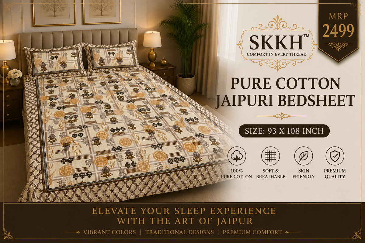 Jaypuri Cotton Double Bed Bedsheet 93x108 | Premium Traditional Print | Soft & Comfortable Fabric