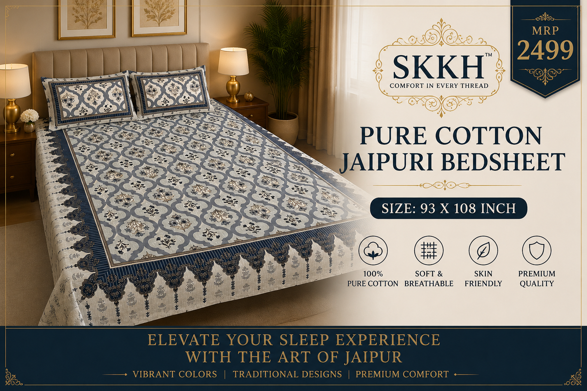Jaypuri Cotton Double Bed Bedsheet 93x108 | Premium Traditional Print | Soft & Comfortable Fabric