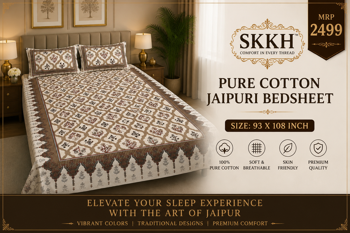 Jaypuri Cotton Double Bed Bedsheet 93x108 | Premium Traditional Print | Soft & Comfortable Fabric