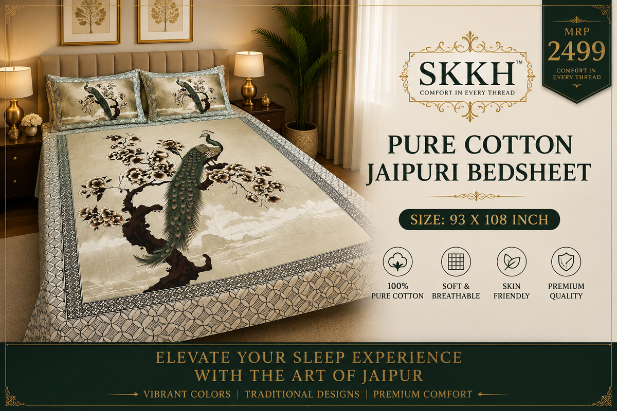 Jaypuri Cotton Double Bed Bedsheet 93x108 | Premium Traditional Print | Soft & Comfortable Fabric