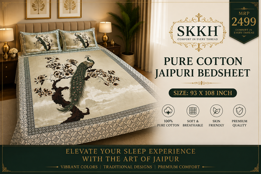 Jaypuri Cotton Double Bed Bedsheet 93x108 | Premium Traditional Print | Soft & Comfortable Fabric