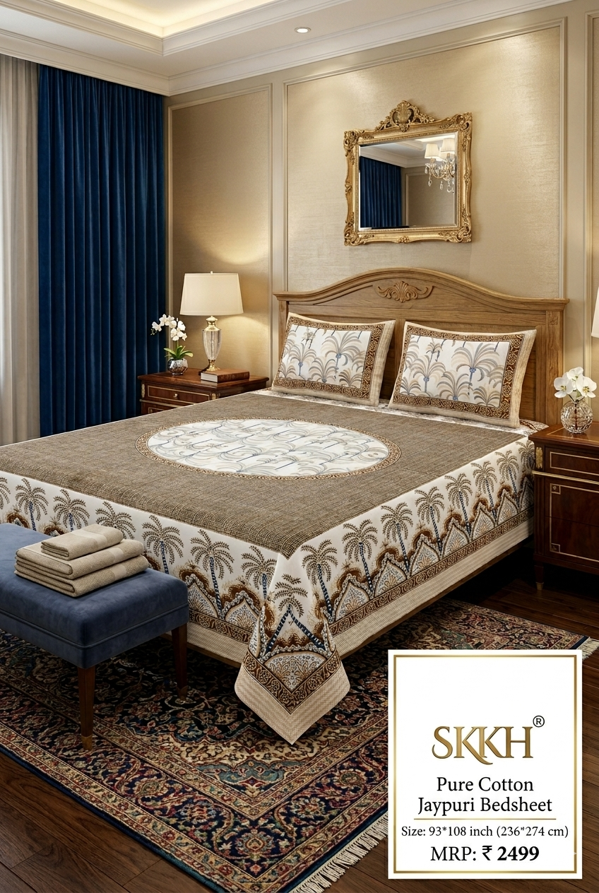 Jaypuri Cotton Double Bed Bedsheet 93x108 | Premium Traditional Print | Soft & Comfortable Fabric
