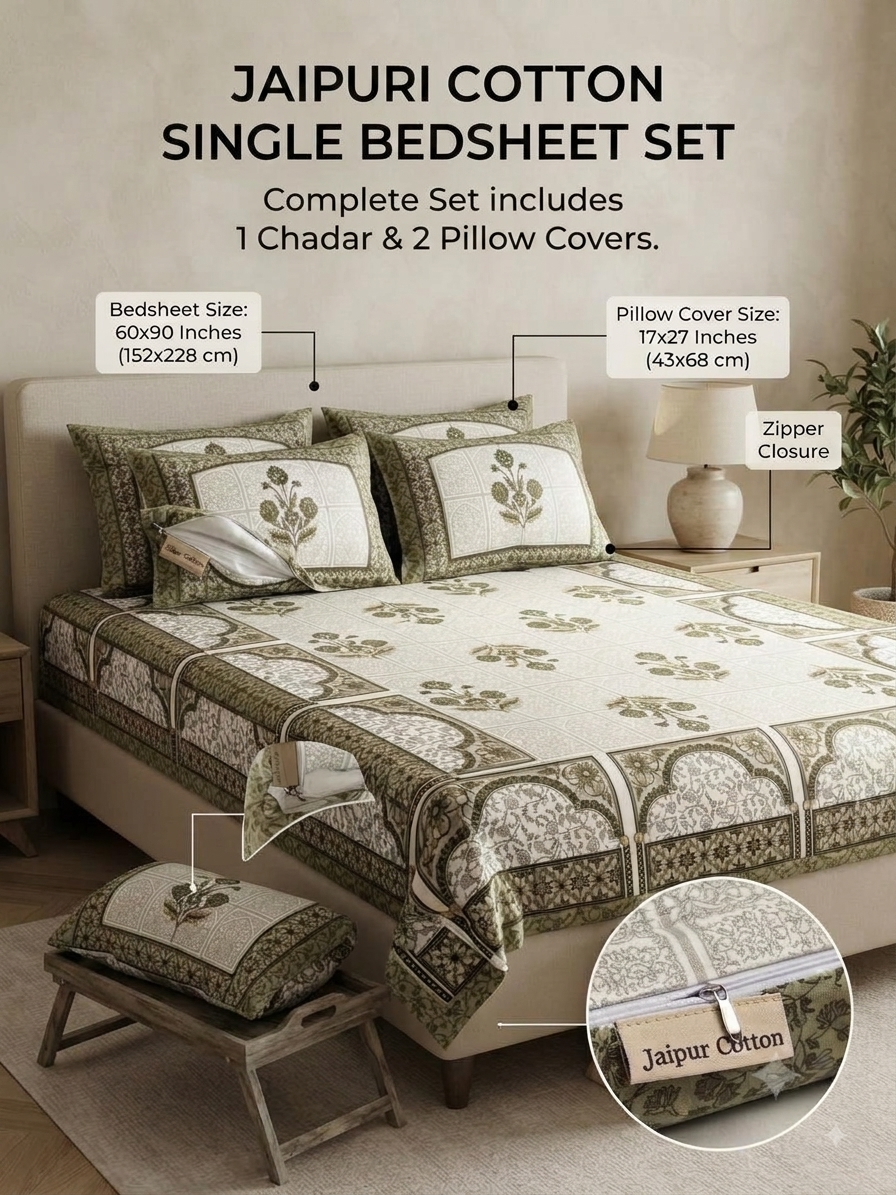 single bed 🛏️ 60×90 Inch Bedsheet | 🛌 2 Pillow Covers 17×27 Inch