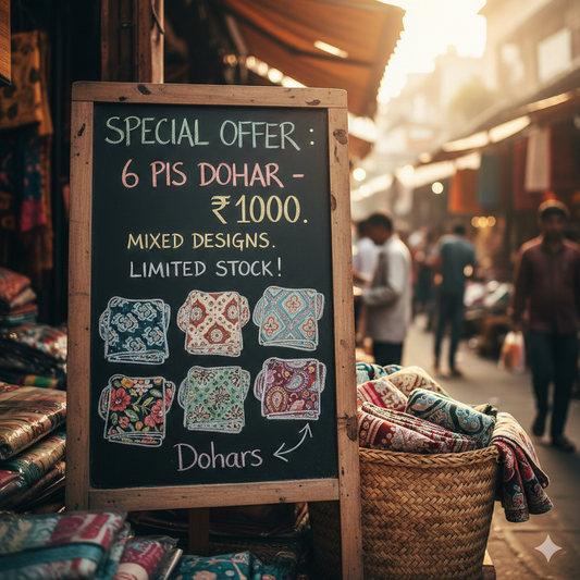 6 pis in 1000 ultrasonic material dohar size 48*88 inch                               "Mixed color and design patterns. 6 pieces for ₹1000."                               "મિક્સ કલર અને ડિઝાઈન પેટર્ન. 6 નંગ ₹1000 માં."