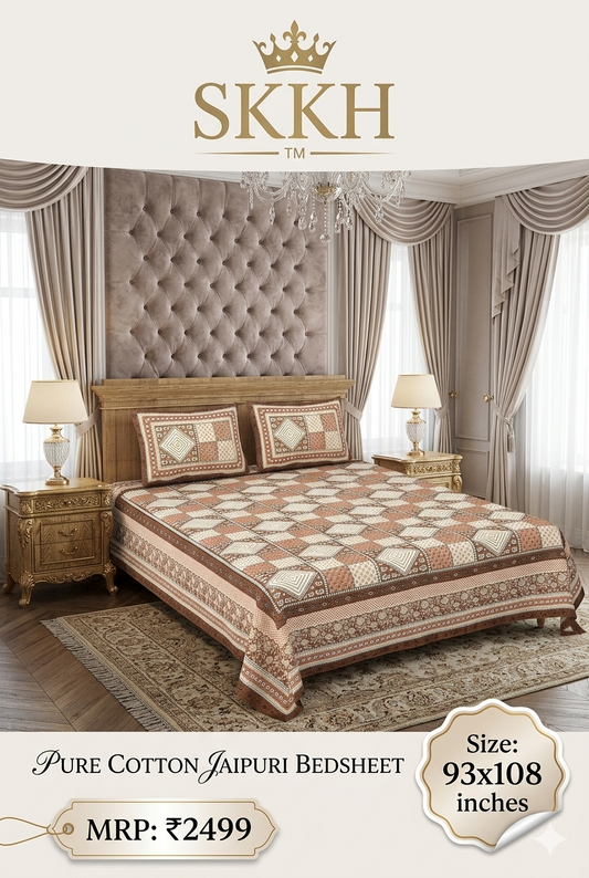 Jaypuri Cotton Double Bed Bedsheet 93x108 | Premium Traditional Print | Soft & Comfortable Fabric