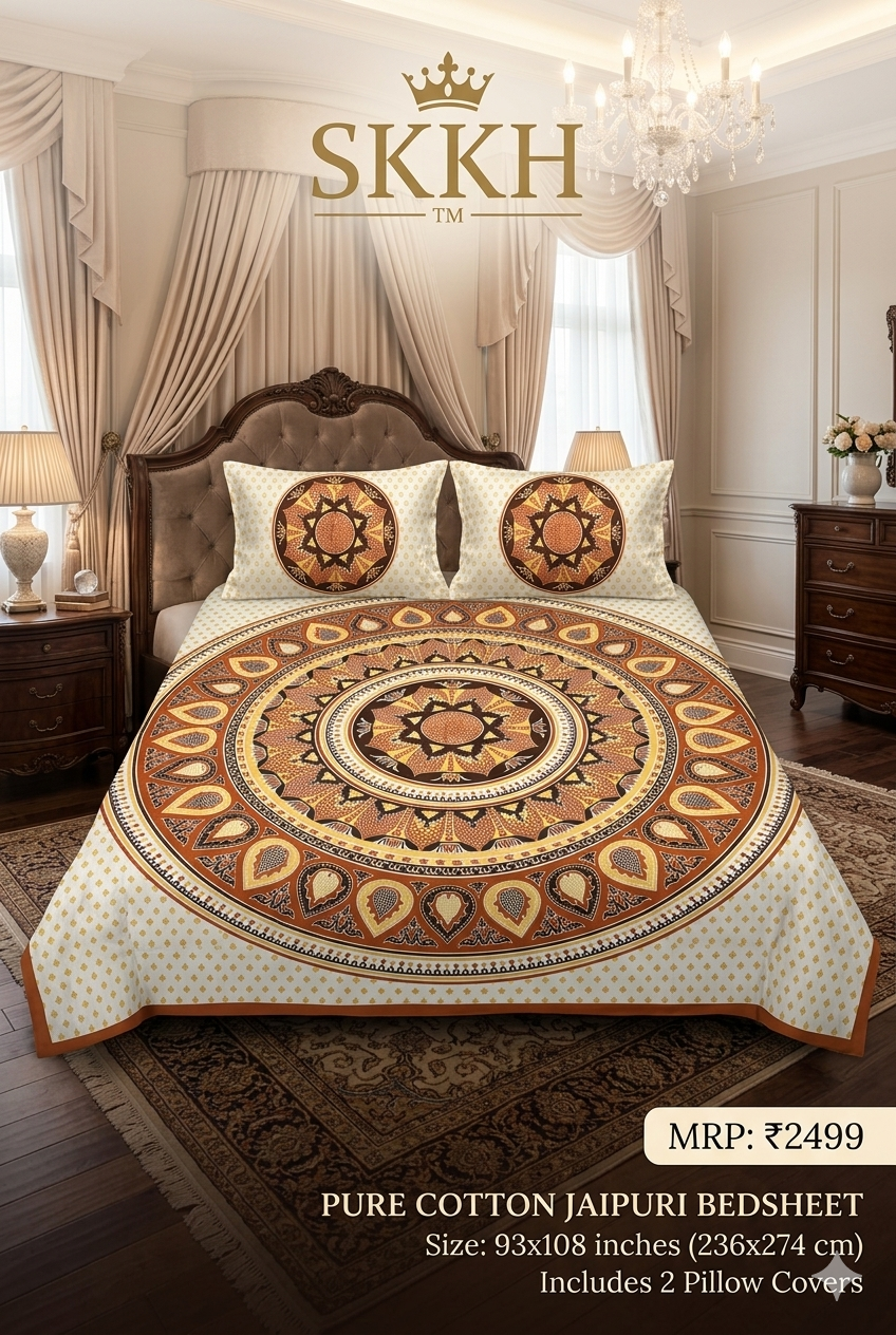 Jaypuri Cotton Double Bed Bedsheet 93x108 | Premium Traditional Print | Soft & Comfortable Fabric