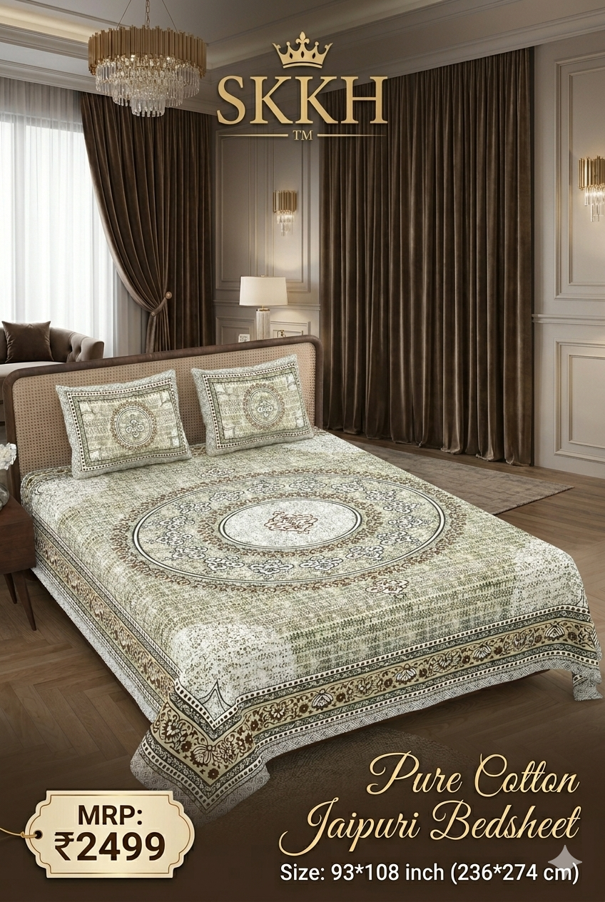 Jaypuri Cotton Double Bed Bedsheet 93x108 | Premium Traditional Print | Soft & Comfortable Fabric