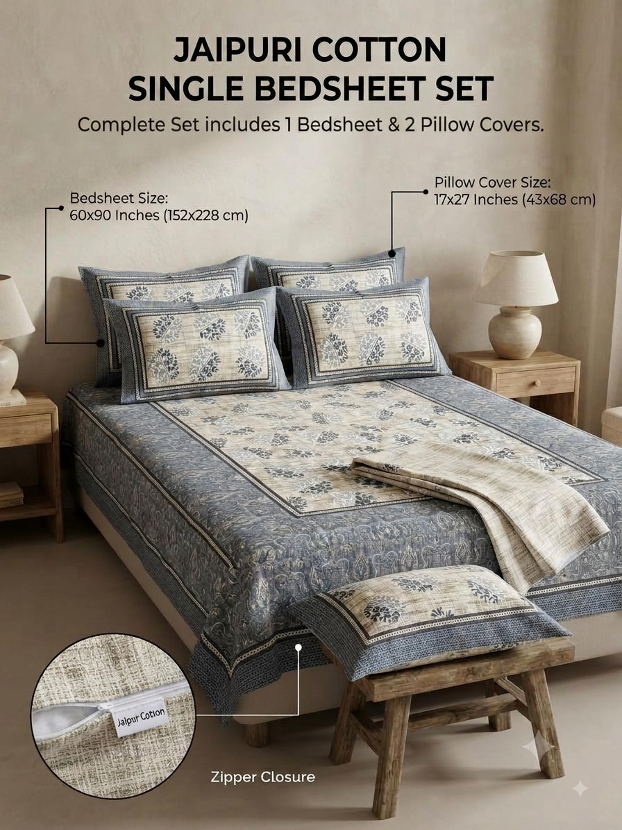 single bed 🛏️ 60×90 Inch Bedsheet | 🛌 2 Pillow Covers 17×27 Inch