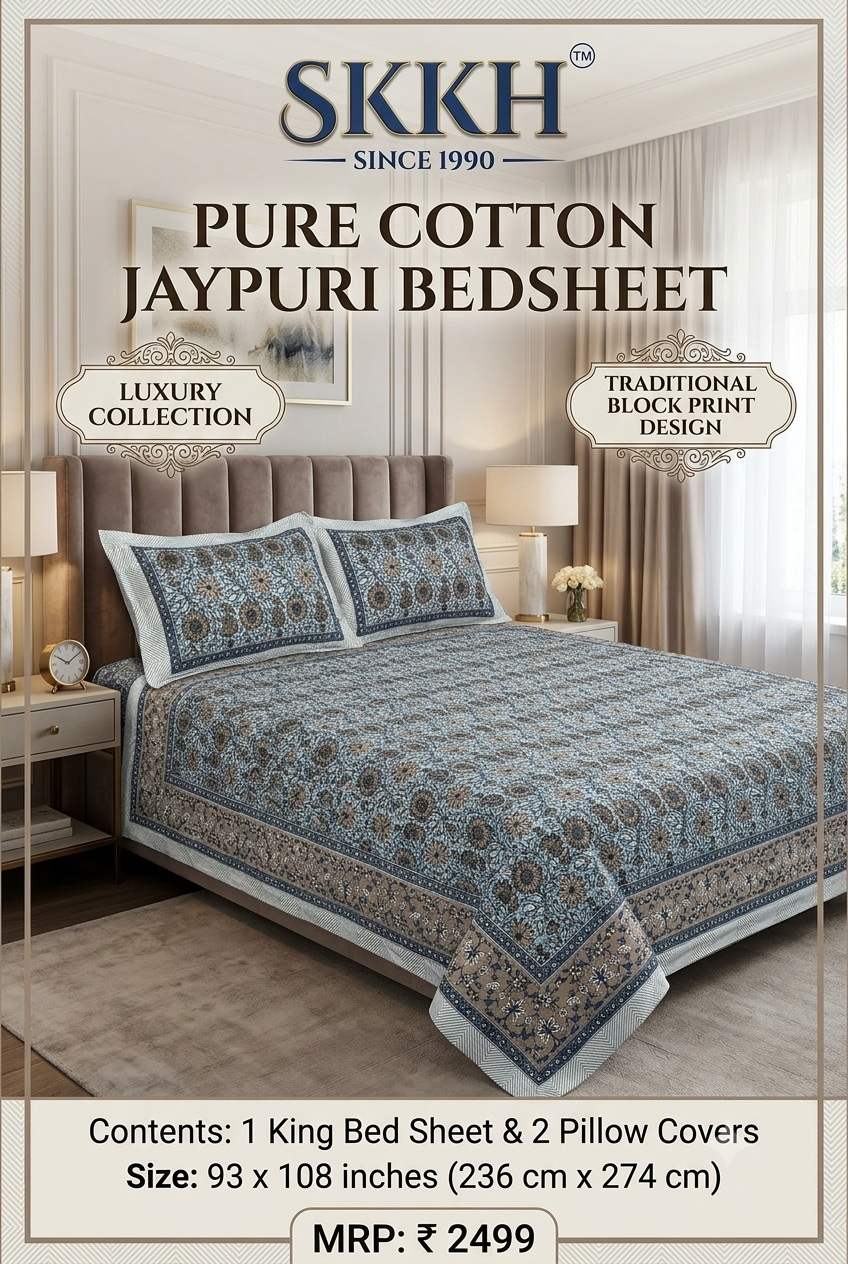 Jaypuri Cotton Double Bed Bedsheet 93x108 | Premium Traditional Print | Soft & Comfortable Fabric