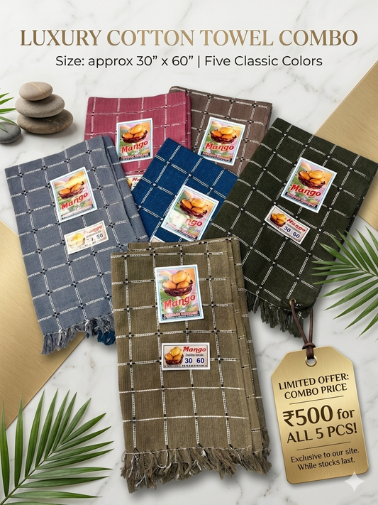 Pack of 5 Pure Cotton Bath Towels (30x60 Inch) – Super Absorbent, Soft & Value Combo