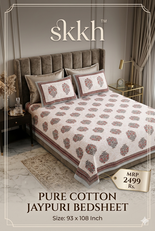 Jaypuri Cotton Double Bed Bedsheet 93x108 | Premium Traditional Print | Soft & Comfortable Fabric