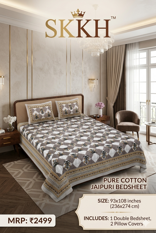 Jaypuri Cotton Double Bed Bedsheet 93x108 | Premium Traditional Print | Soft & Comfortable Fabric