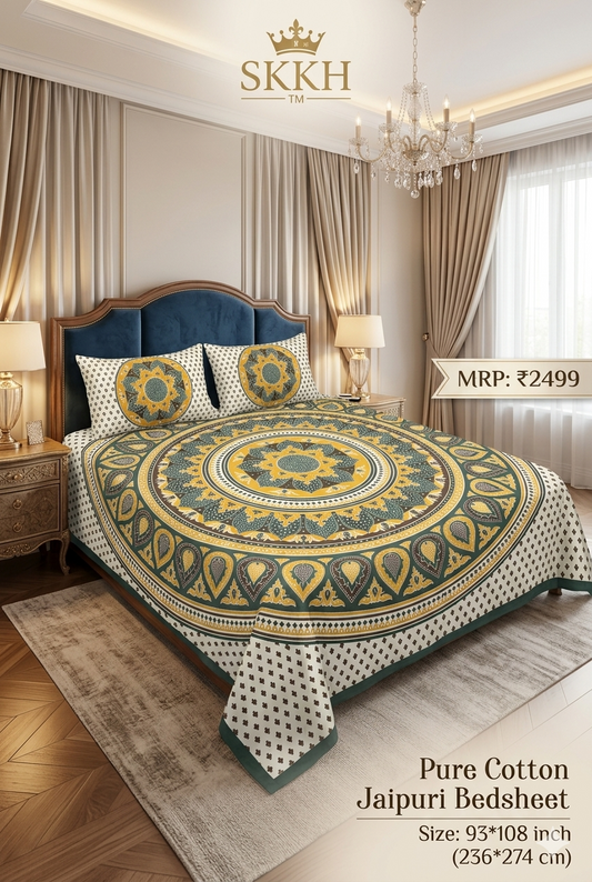 Jaypuri Cotton Double Bed Bedsheet 93x108 | Premium Traditional Print | Soft & Comfortable Fabric