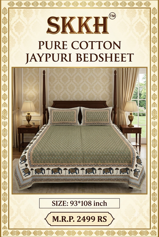Jaypuri Cotton Double Bed Bedsheet 93x108 | Premium Traditional Print | Soft & Comfortable Fabric