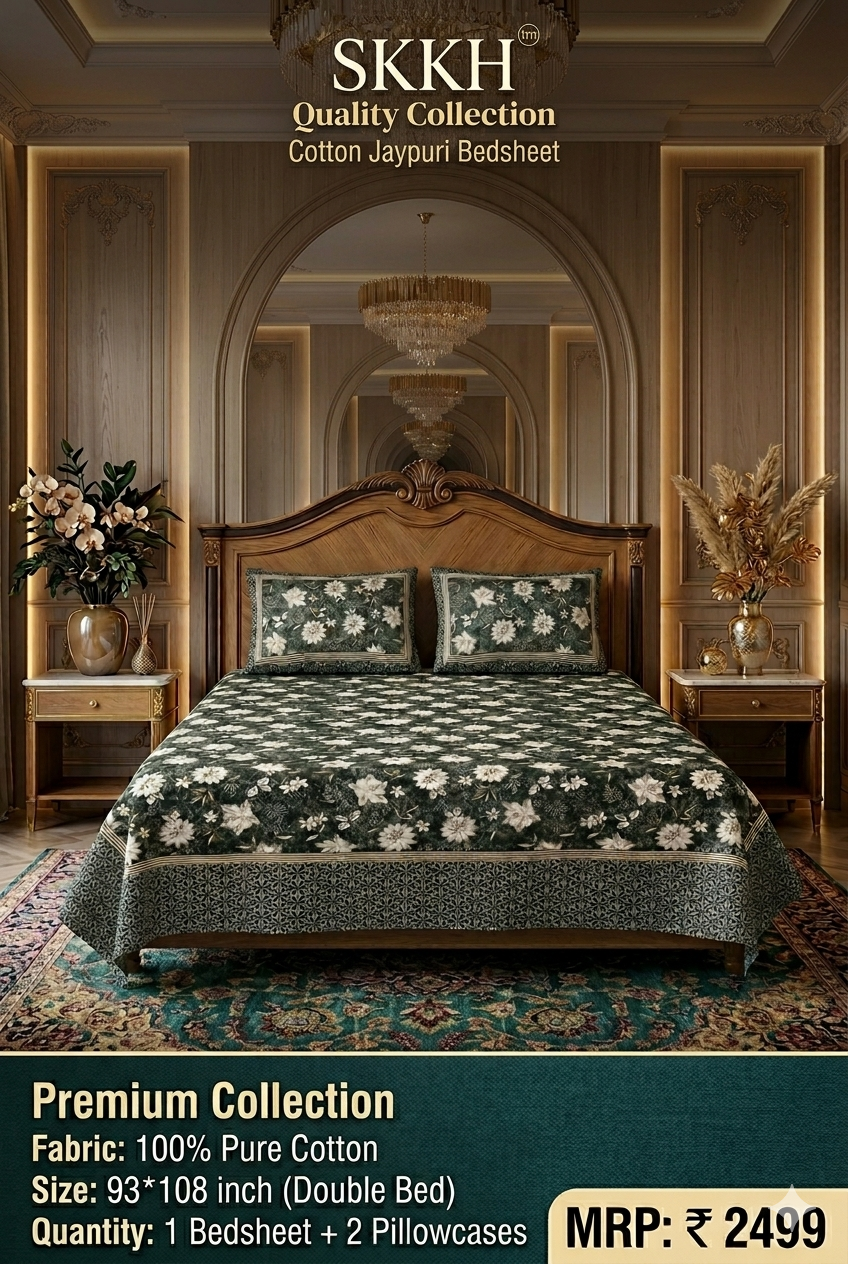 Jaypuri Cotton Double Bed Bedsheet 93x108 | Premium Traditional Print | Soft & Comfortable Fabric