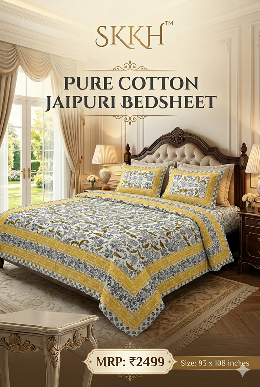 Jaypuri Cotton Double Bed Bedsheet 93x108 | Premium Traditional Print | Soft & Comfortable Fabric