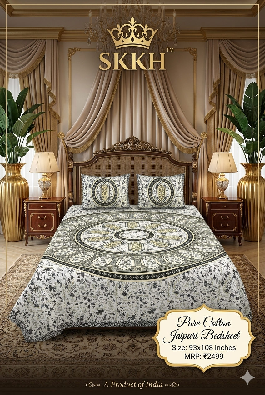 Jaypuri Cotton Double Bed Bedsheet 93x108 | Premium Traditional Print | Soft & Comfortable Fabric