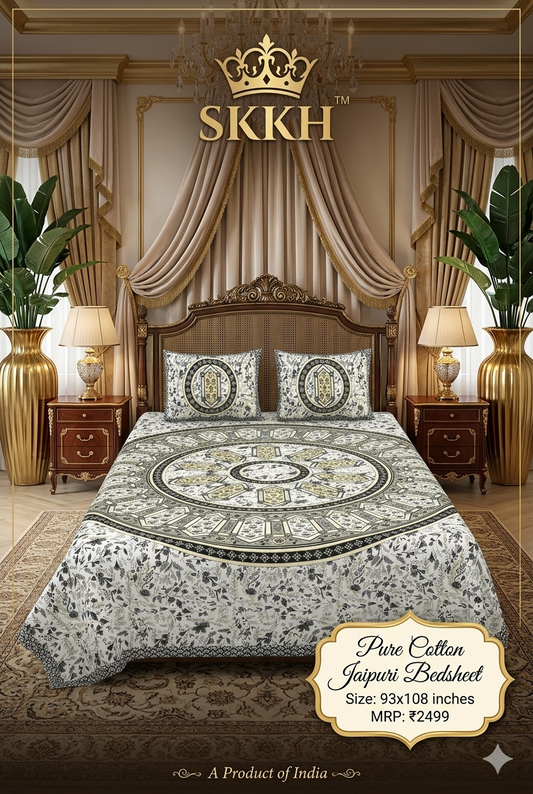 Jaypuri Cotton Double Bed Bedsheet 93x108 | Premium Traditional Print | Soft & Comfortable Fabric