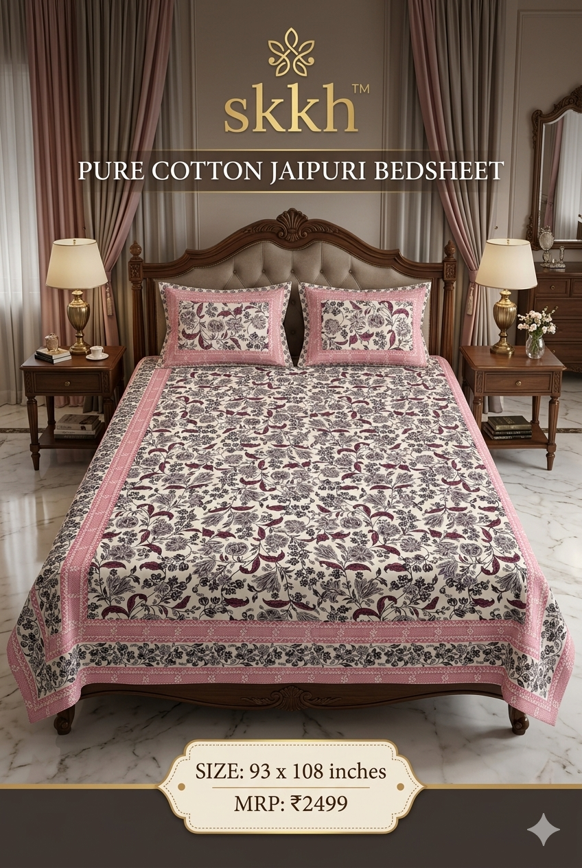Jaypuri Cotton Double Bed Bedsheet 93x108 | Premium Traditional Print | Soft & Comfortable Fabric