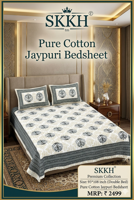 Jaypuri Cotton Double Bed Bedsheet 93x108 | Premium Traditional Print | Soft & Comfortable Fabric