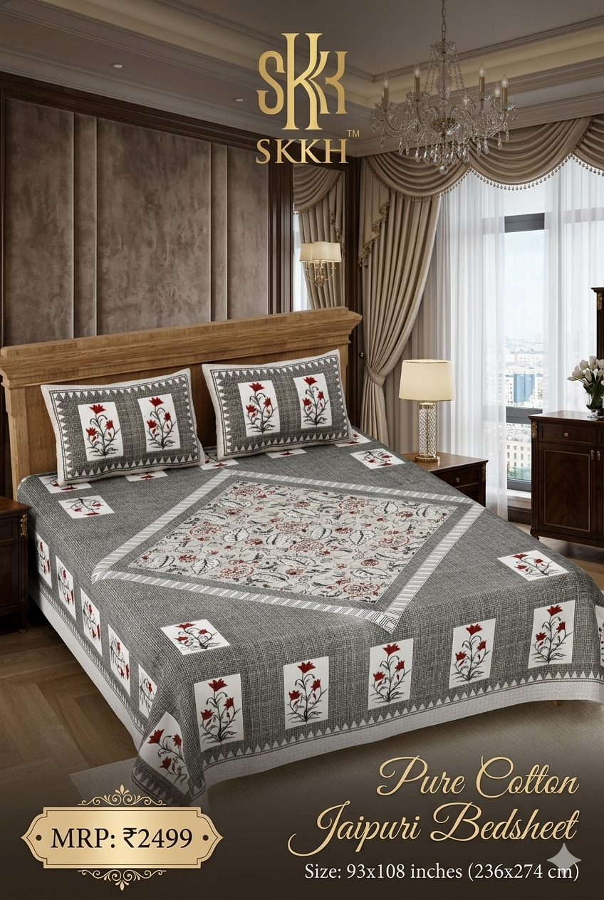 Jaypuri Cotton Double Bed Bedsheet 93x108 | Premium Traditional Print | Soft & Comfortable Fabric