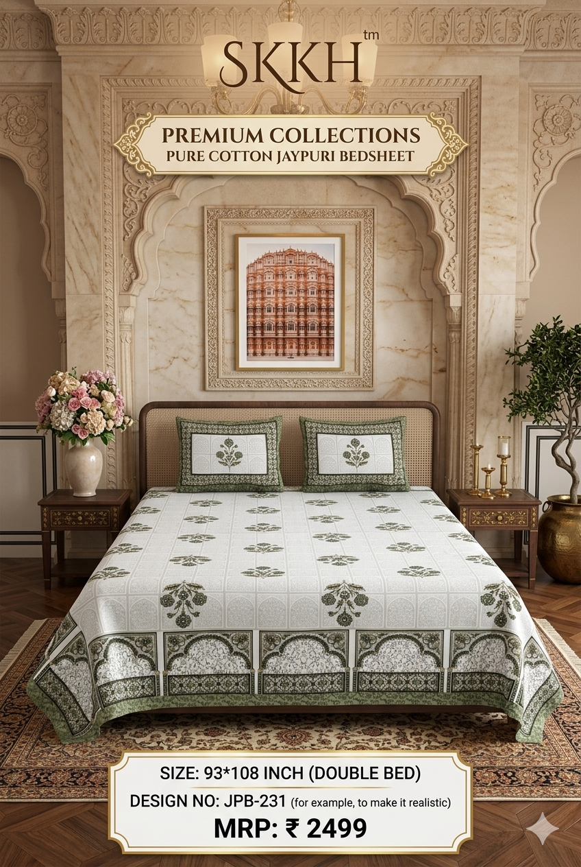 Jaypuri Cotton Double Bed Bedsheet 93x108 | Premium Traditional Print | Soft & Comfortable Fabric