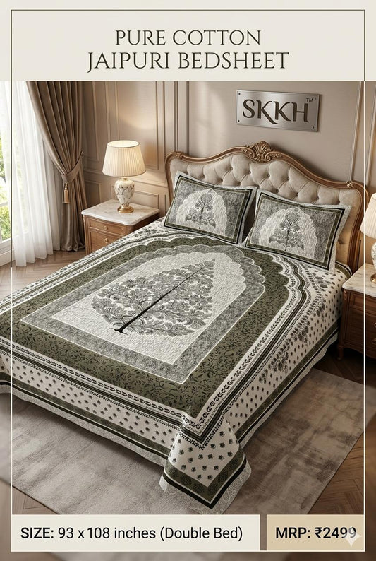 Jaypuri Cotton Double Bed Bedsheet 93x108 | Premium Traditional Print | Soft & Comfortable Fabric