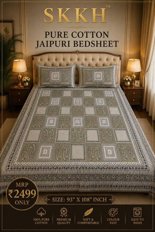 Jaypuri Cotton Double Bed Bedsheet 93x108 | Premium Traditional Print | Soft & Comfortable Fabric