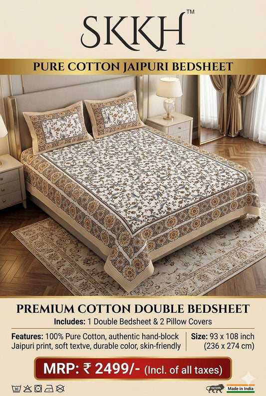 Jaypuri Cotton Double Bed Bedsheet 93x108 | Premium Traditional Print | Soft & Comfortable Fabric
