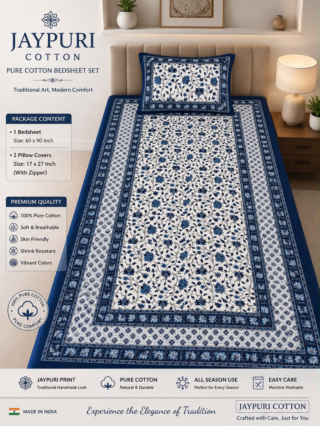single bed 🛏️ 60×90 Inch Bedsheet | 🛌 2 Pillow Covers 17×27 Inch